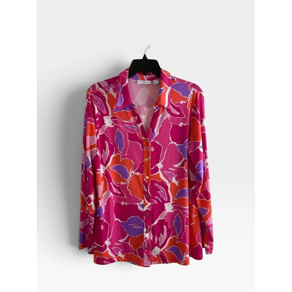 Passport Womens Shirt Size Medium Abstract Floral Fushia Long Sleeve Button up